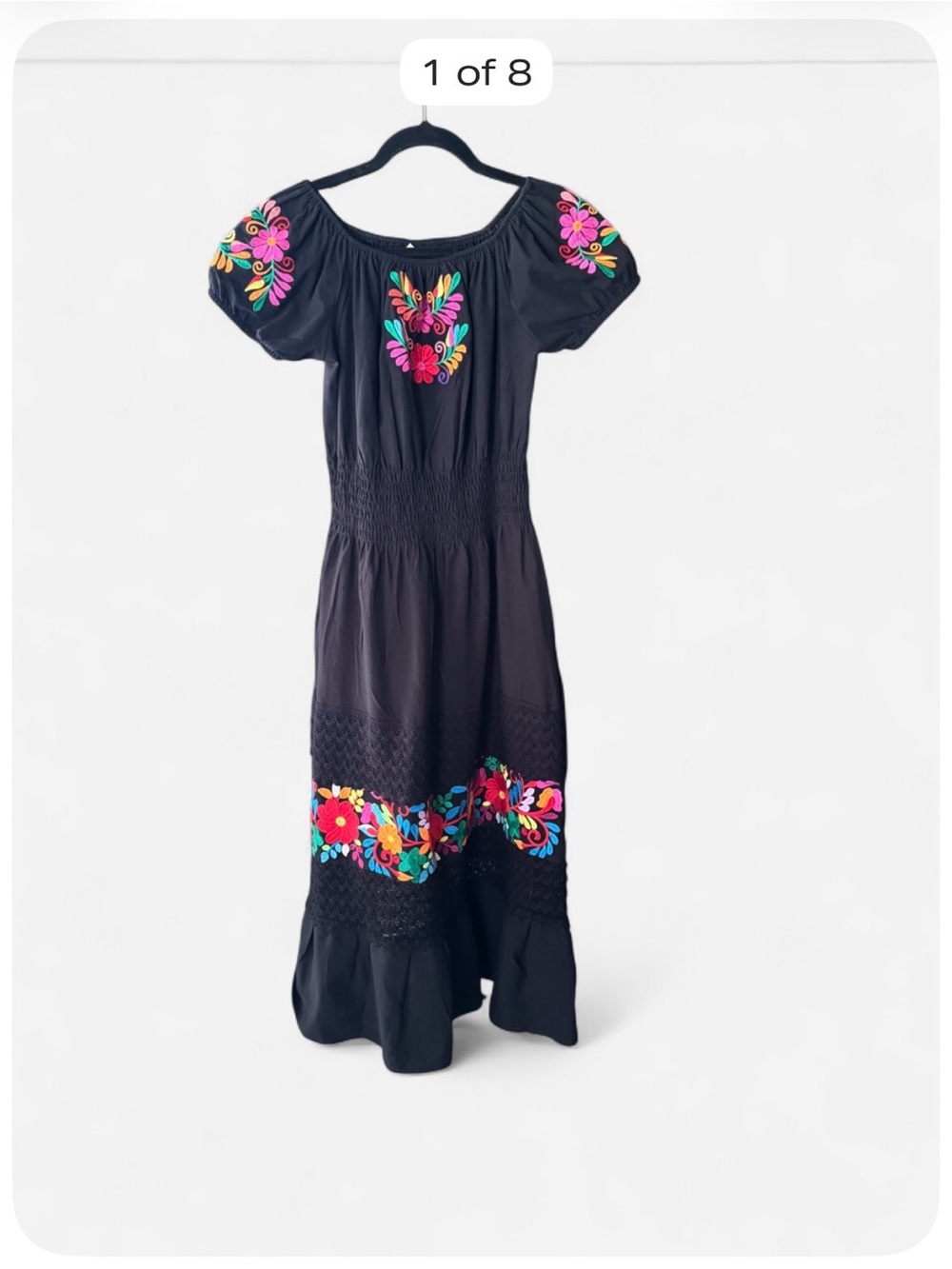 Mexican Embroidered Black Floral Midi Maxi Dress Medium Boho Peasant Fiesta